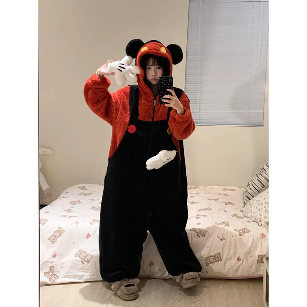 Pyjama à capuche en molleton de corail pour femme, mignon, dessin animé Mickey Disney, chaud, une pi