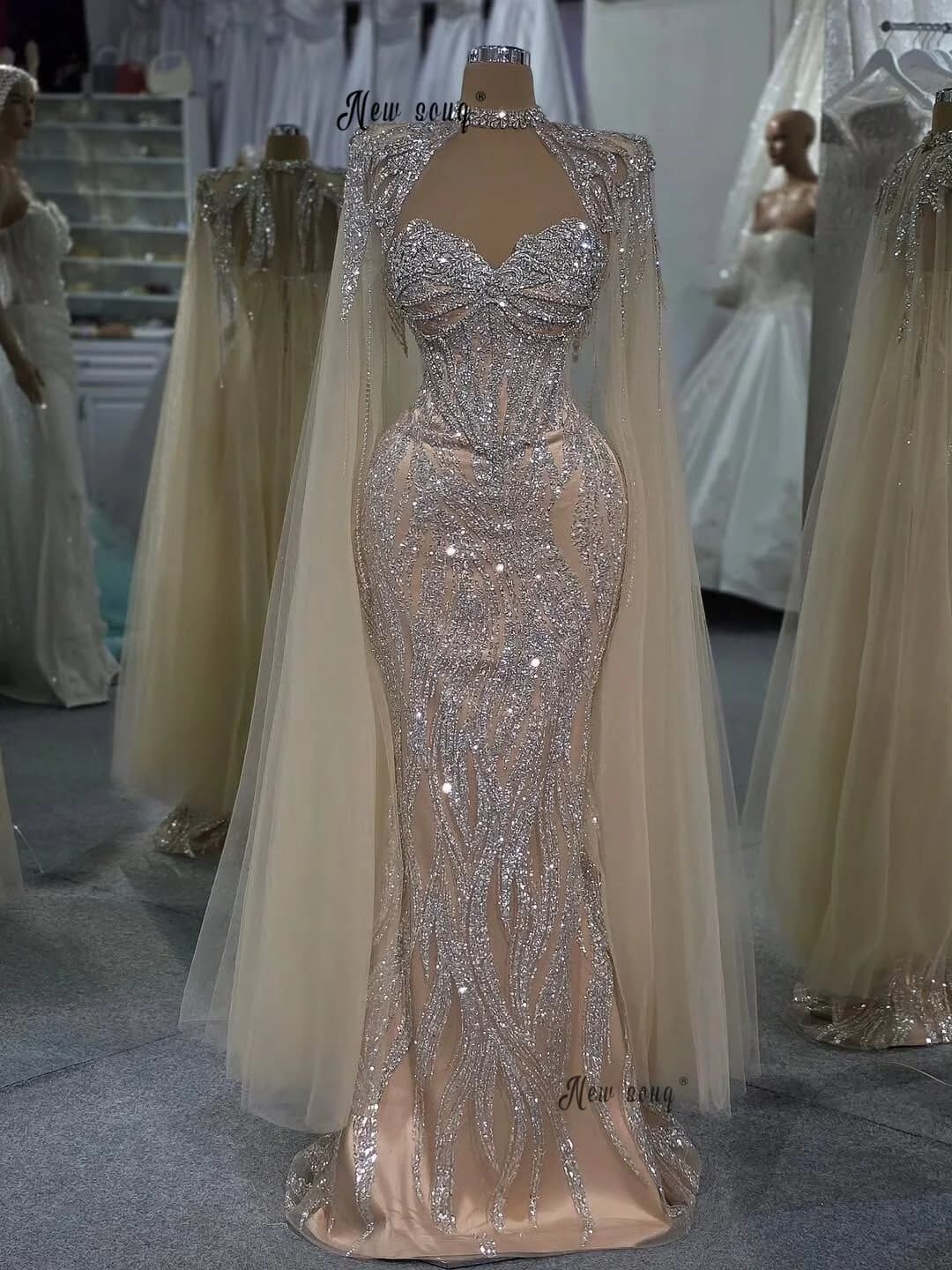 Robes de bal Champagne chair scintillantes, manches Cape personnalisées, robe de mariée élégante, ro