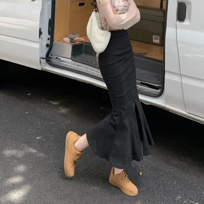Jupes en jean pour femmes, portefeuille bleu avec fente, jupe en jean, taille haute, Y2k, Vintage, é