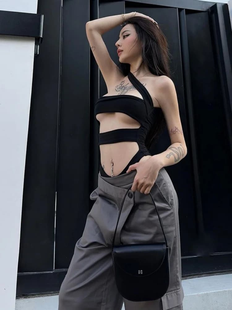 Body noir uni, Lingerie Sexy pour femmes, tenue de Club, col incliné, une pièce, ajouré, vêtements Y
