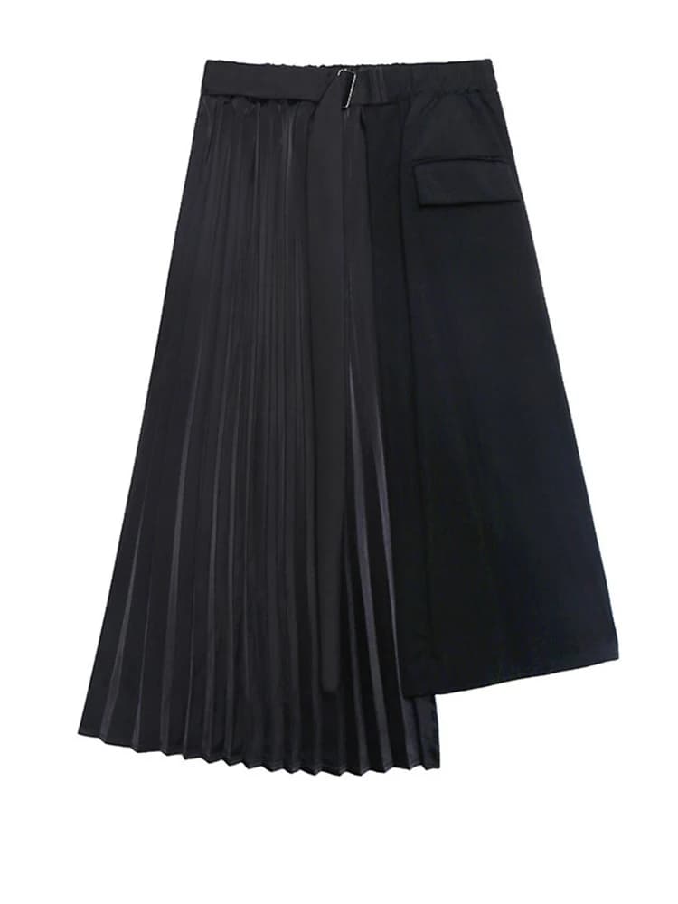 EAM-T-shirt noir plissé irrégulier pour femme, jupe demi-corps, deux pièces trempées, col rond, mode