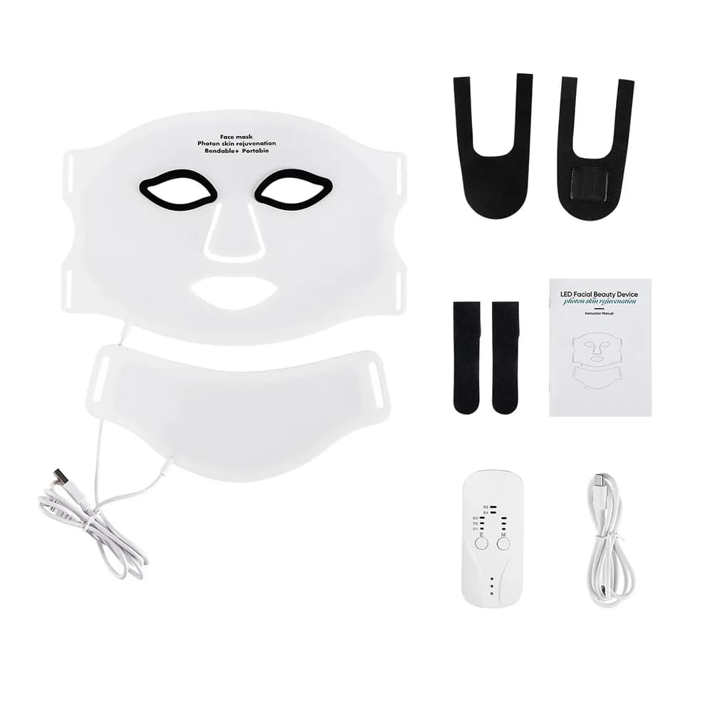 Masque facial LED en silicone avec cou, 7 couleurs, photon rouge, lumière infrarouge, thérapie, flex