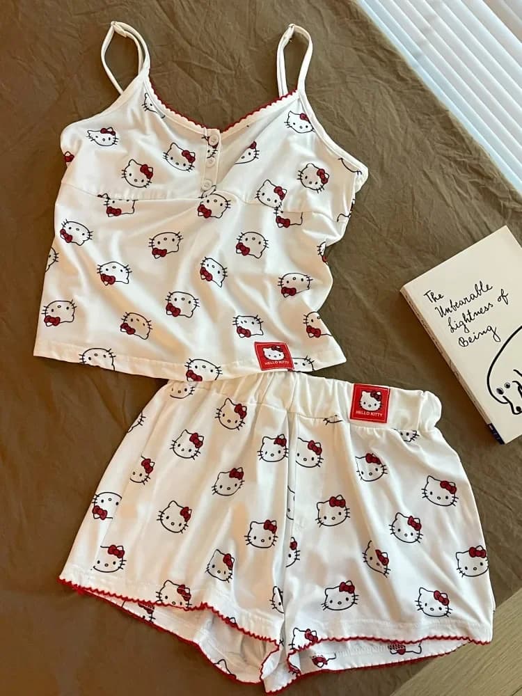 Ensemble pyjama kawaii Hello Kitty, débardeur anime, short pour fille, tenue décontractée pour étudi