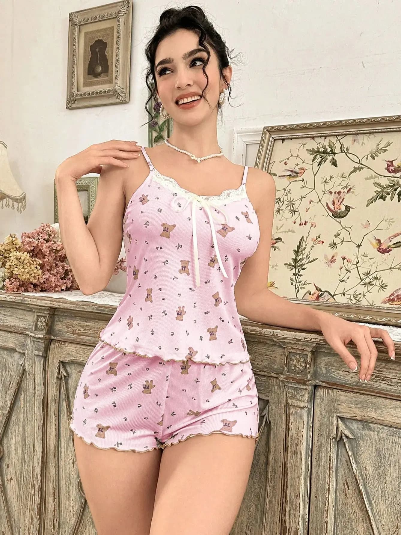 Nouvel ensemble de pyjama côtelé Y2K mignon motif ours en peluche pour femme, comprenant un haut de 