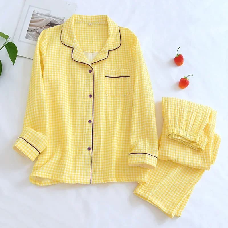 Ensembles de pyjamas en crêpe 100% coton pour couples, vêtements de nuit à manches longues pour femm