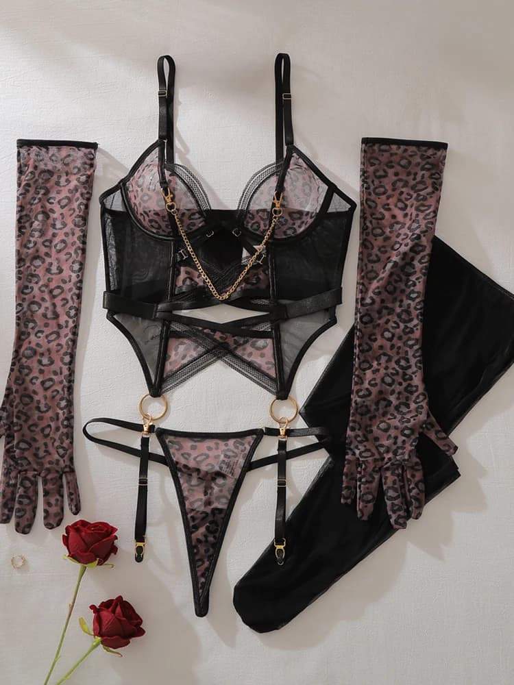 Ensemble de lingerie sexy transparente motif léopard avec gants en maille élégants, tenue de nuit sc
