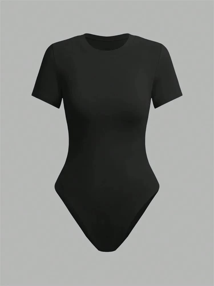 Body basique à manches courtes pour femmes, couleur unie, col rond, moulant, barboteuse, chemisier, 