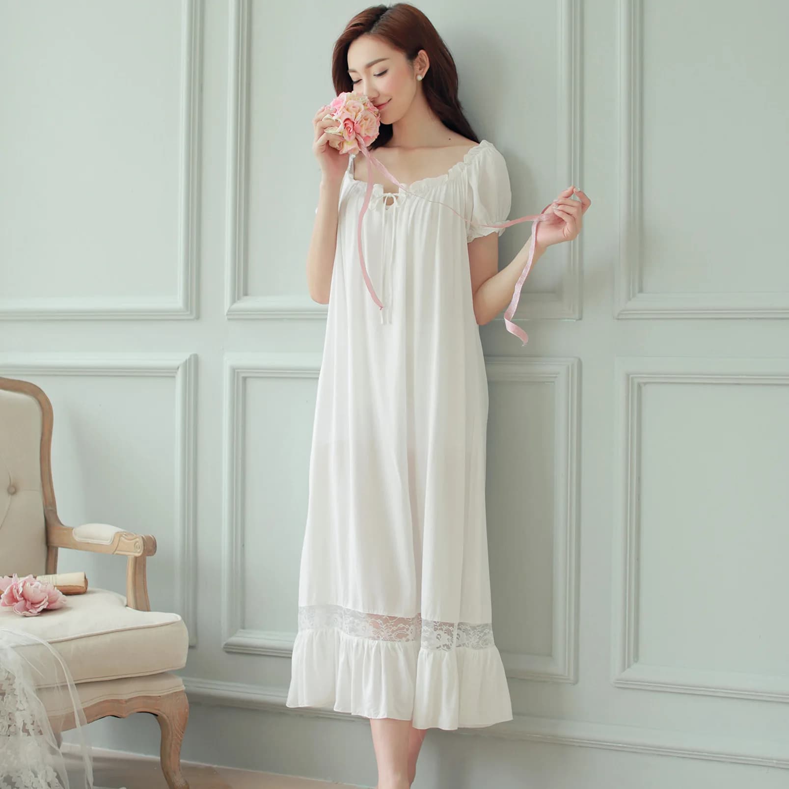 Femmes longue blanc rose chemise de nuit à manches courtes salon chemise de nuit élégant Vintage vêt