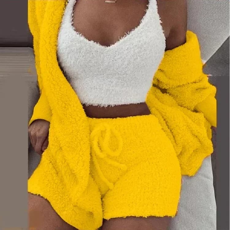 Nouvel ensemble de pyjama en velours pour femme 2026 – Haut court sexy + short + veste – 3 pièces – 