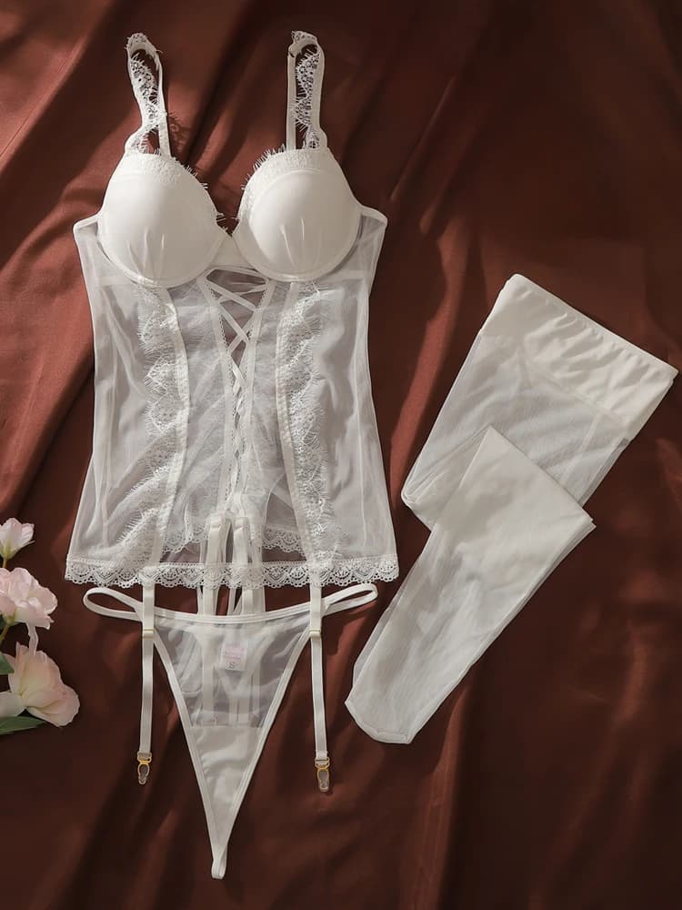 Ensemble de lingerie féminine blanc : Bustier corset sexy, serre-taille avec string, lingerie érotiq