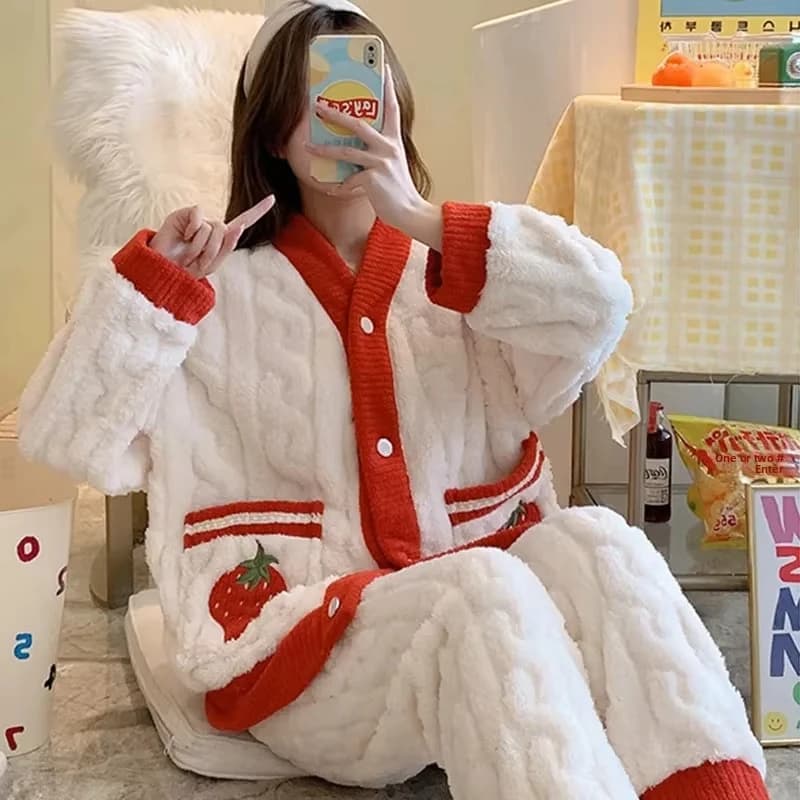 Pyjama épais en flanelle et velours corail fraise, vêtements de maison pour femmes, ensemble de vête