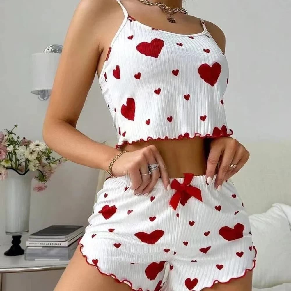 Ensemble de pyjama confortable pour femme, motif cœur, avec nœud, deux pièces, tenue d'intérieur, py