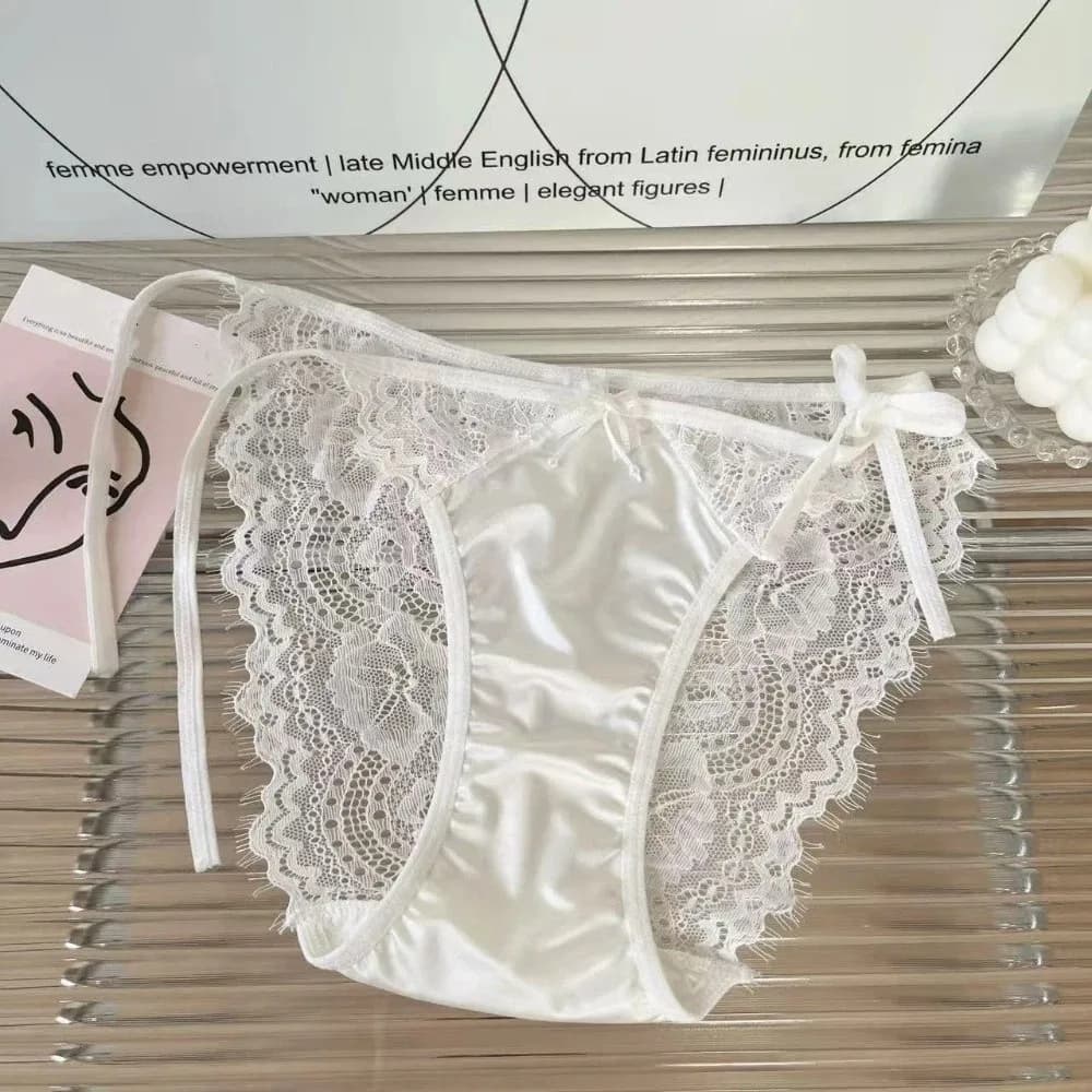 Culottes en dentelle à nœud et fleurs, sans couture, taille basse, avec lacets, en satin de soie tra