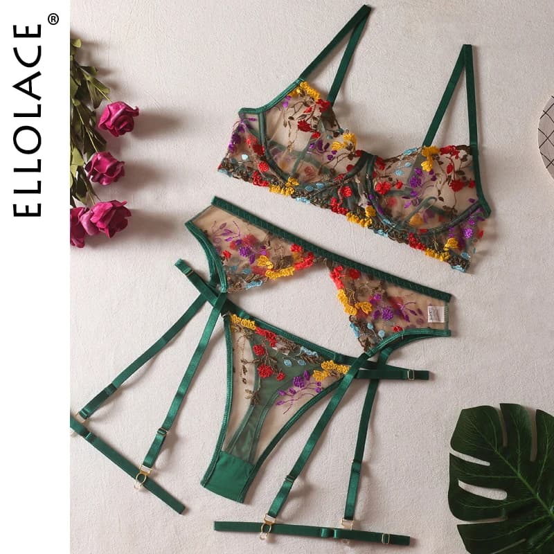 Ensemble de Lingerie florale jaune Sexy, sous-vêtements en dentelle transparente pour femmes, soutie