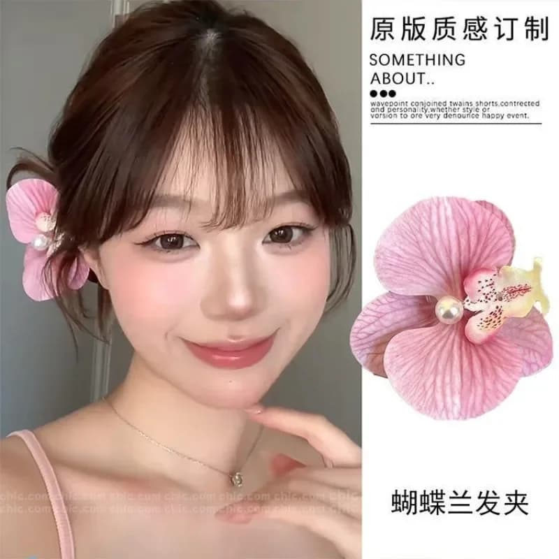 Pince à cheveux en forme de fleur d'orchidée rose doux, Barrettes à cheveux en perles coréennes, orn