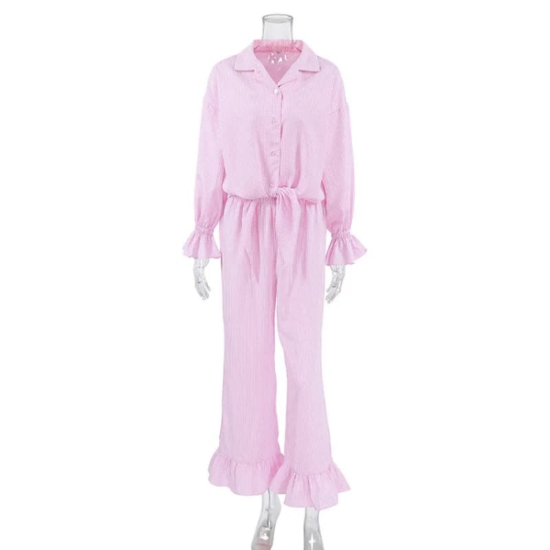 Pyjama rose à carreaux avec volants, chemise à manches longues à revers, pantalon à lacets, ensemble