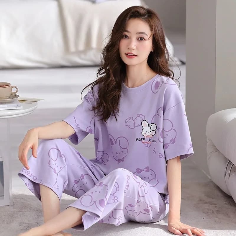 Femmes pyjamas hauts et pantalons fille vêtements de nuit Homewear ensemble col rond rayé dessin ani