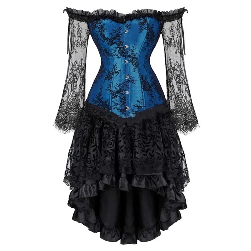 Robe Corset Gothique Florale à Manches Longues et Épaules Dénudées, Ensemble Haut Bustier et Jupe en