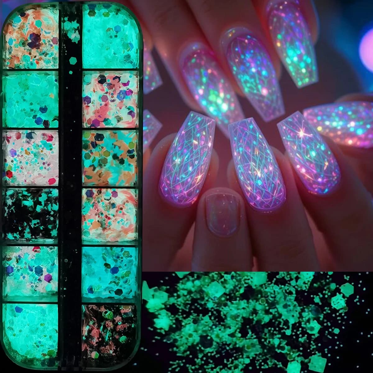 12 grilles brillent dans la nuit paillettes poudre à ongles caméléon lumineux hexagone paillettes 3D