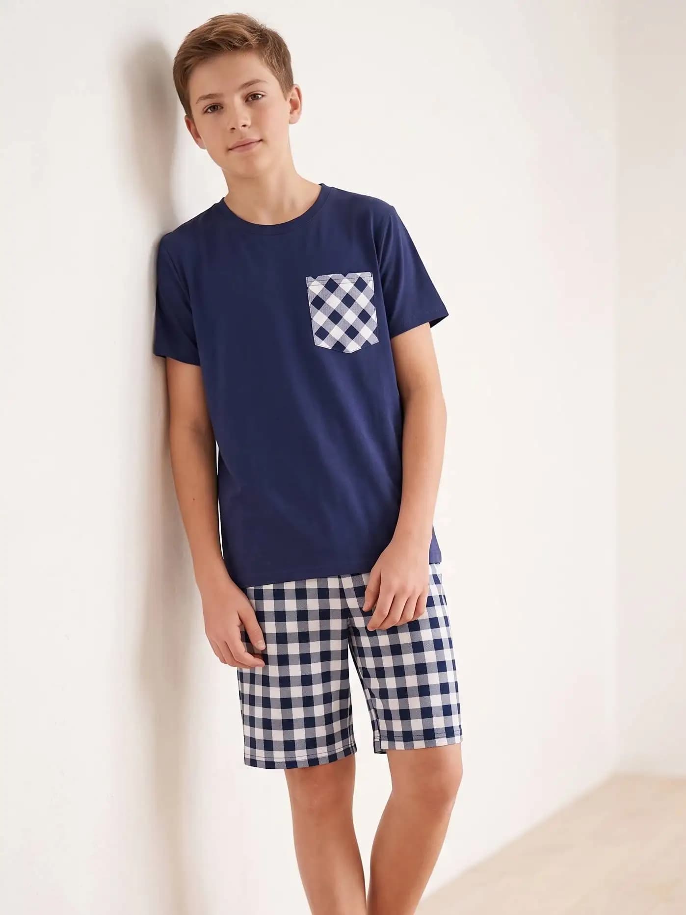 Ensemble pyjama pour adolescents, haut à manches courtes et short à carreaux, 5 couleurs disponibles