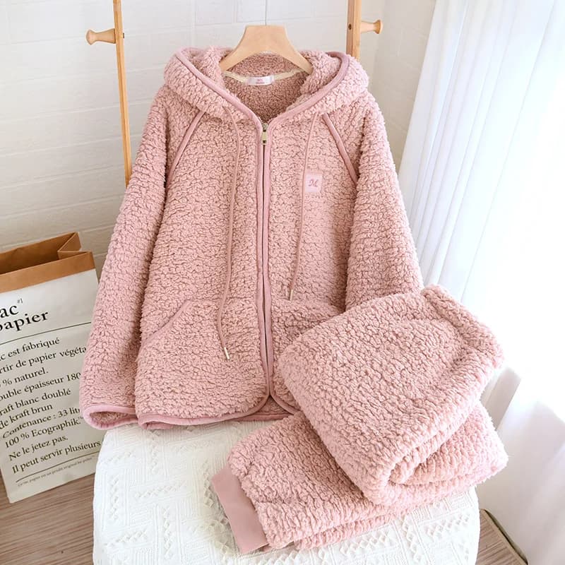 2026 agneau polaire Couple pyjama ensembles doux chaud fermeture éclair hauts à capuche pantalons vê