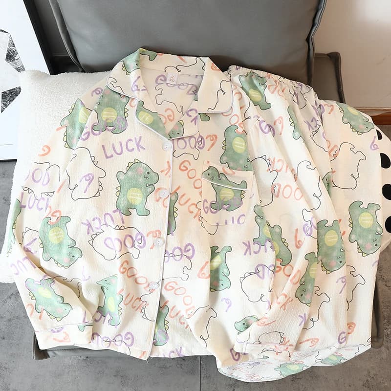 Pyjama 2 pièces Y2K pour femme, motif dinosaures verts, dessin animé Kawaii mignon, haut à manches l