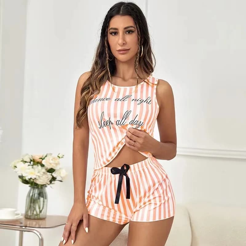 Pyjamas pour femmes été rayure pyjama imprimé Faux coton col rond pyjama débardeur short 2 pièces do