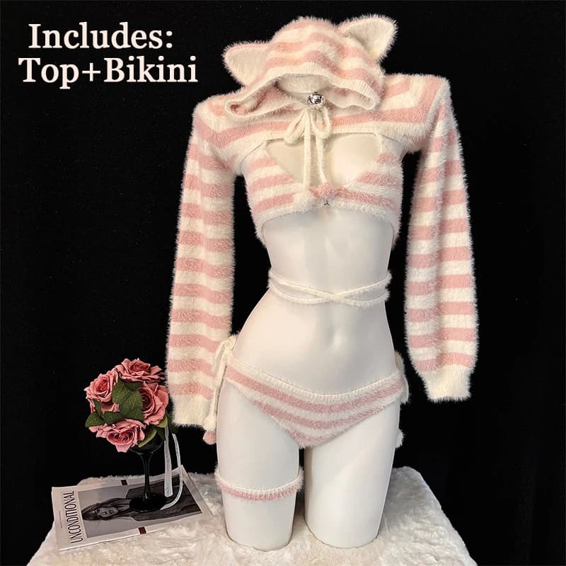 Anime mignon chat fille Lolita rose blanc rayé ours à capuche fourrure pull Cosplay Costume Sexy Lin