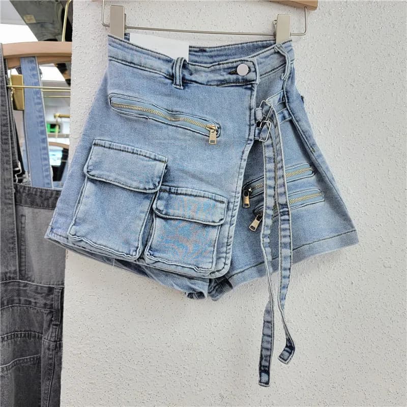 Jupe en jean pour femmes, jupe-culotte Cargo, irrégulière, délavée, taille haute, plusieurs Y2k, Pun