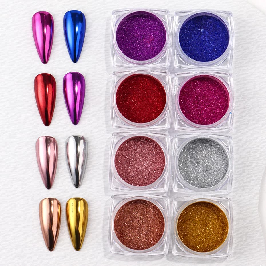 Poudre à ongles miroir chromé, 8 boîtes, métallique, argent, or, bleu, Nail Art, paillettes, scintil