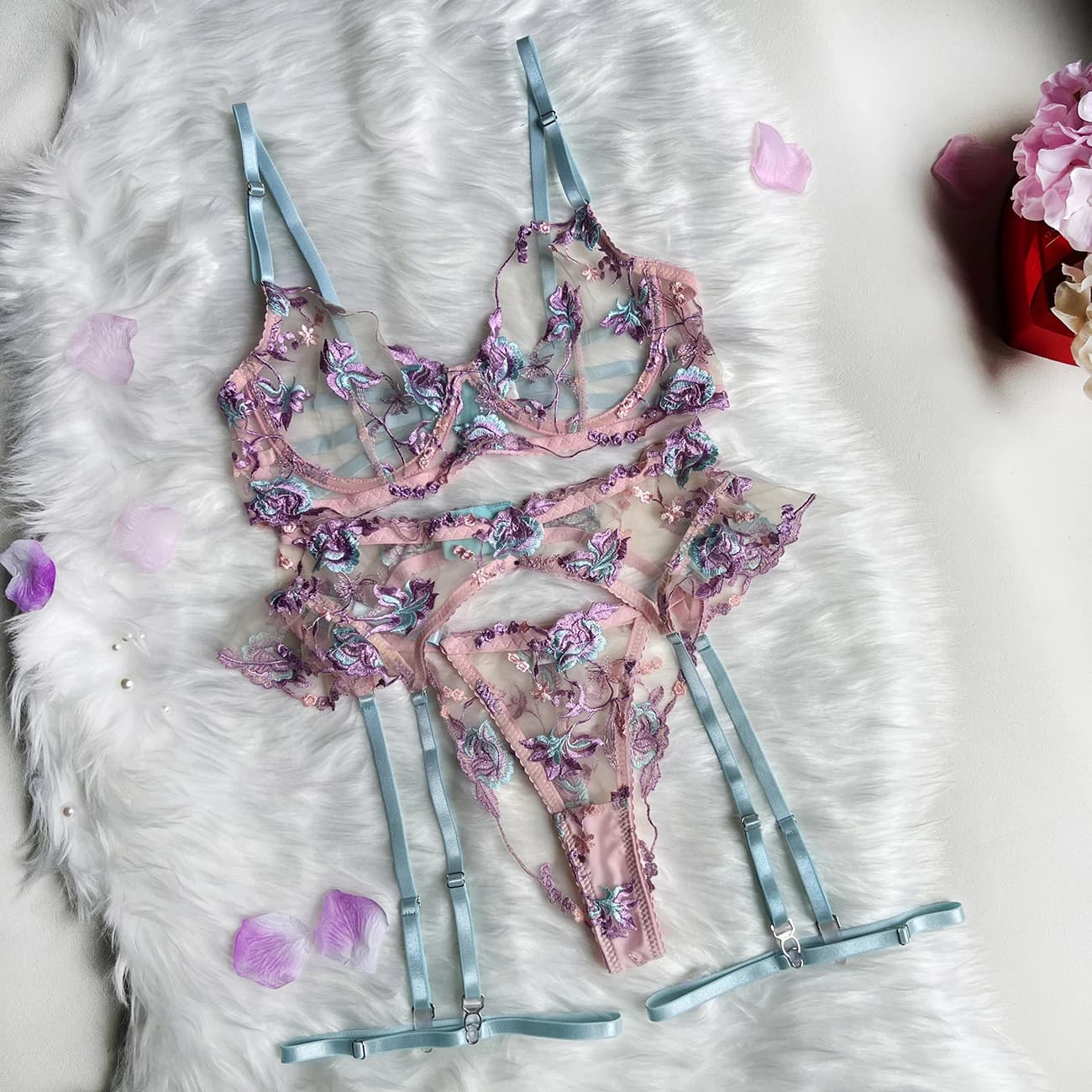 Ellolace – Lingerie féerique florale transparente, sous-vêtements à volants, jarretelles, sous-vêtem