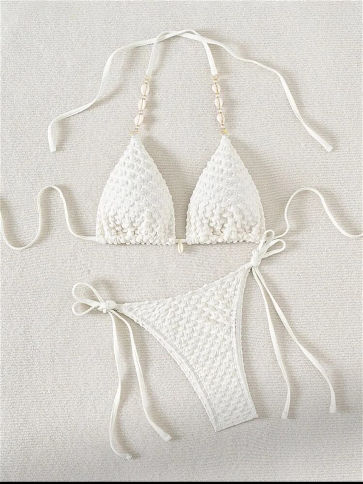 Maillot de bain blanc coquillage pour femmes, bikini string, soutien-gorge push-up de luxe, côté dro