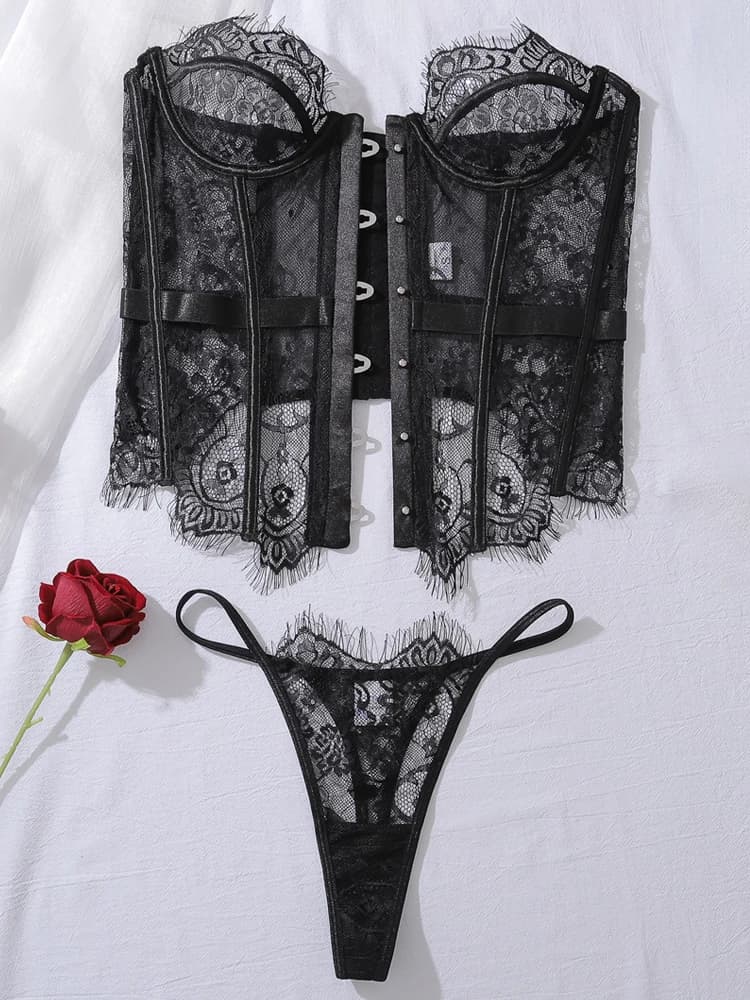 Belamimi – Lingerie sexy pour femmes, ensemble 2 pièces, corset sensuel, transparent, sans bretelles