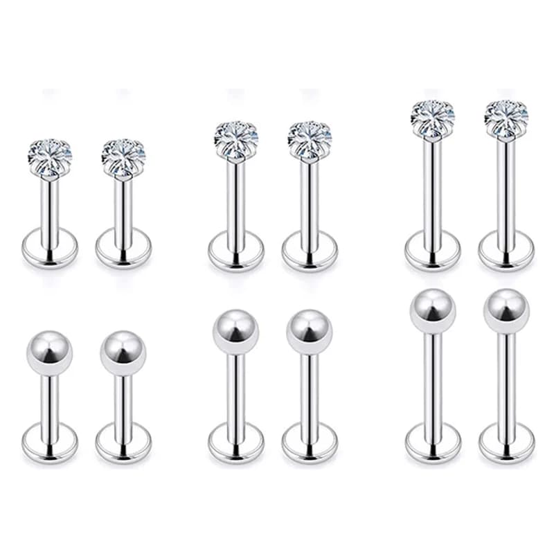 12 pièces/lot Labret Piercing ensemble acier chirurgical CZ zircone lèvre goujon barre boucle d'orei