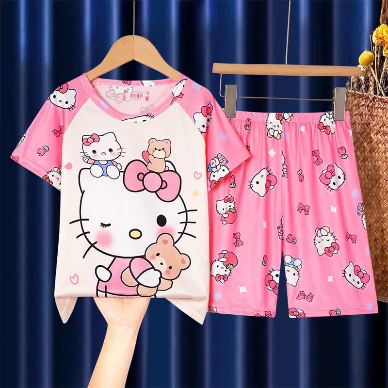 Ensembles de pyjamas pour filles Hello Kitty, t-shirts à manches courtes + shorts, 2 pièces, pyjamas