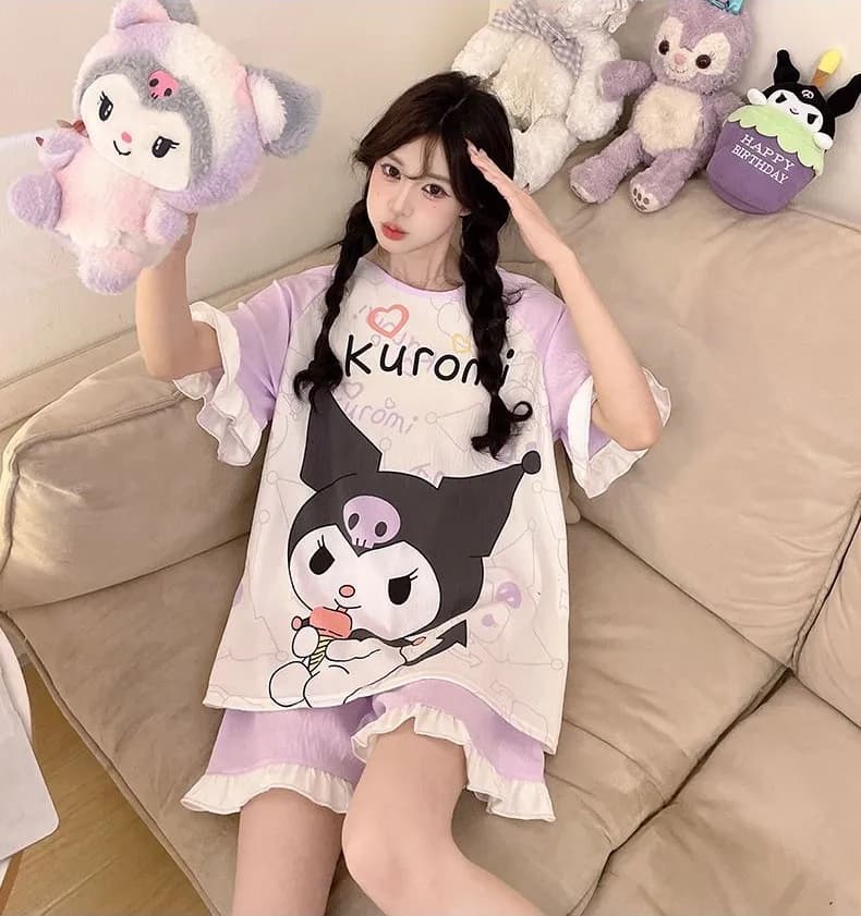 Ensemble de pyjama d'été en coton nuage pour femme Kuromi, manches courtes, col rond, coupe ample, i