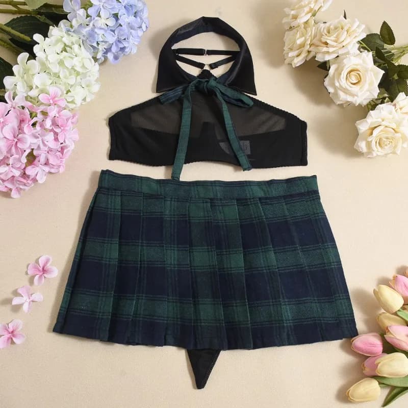 Ensemble de lingerie fantaisie pour étudiants, style cosplay, jupe écossaise verte, soutien-gorge ha