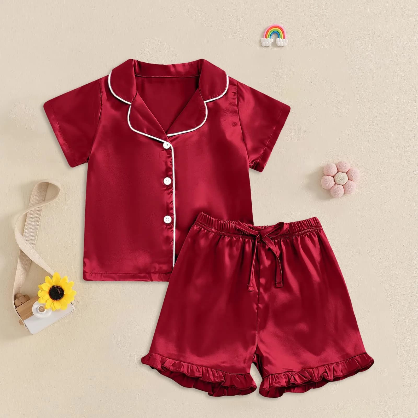 Pyjama en soie pour bébés filles, en Satin, à volants, manches courtes, couleur unie, vêtements de m