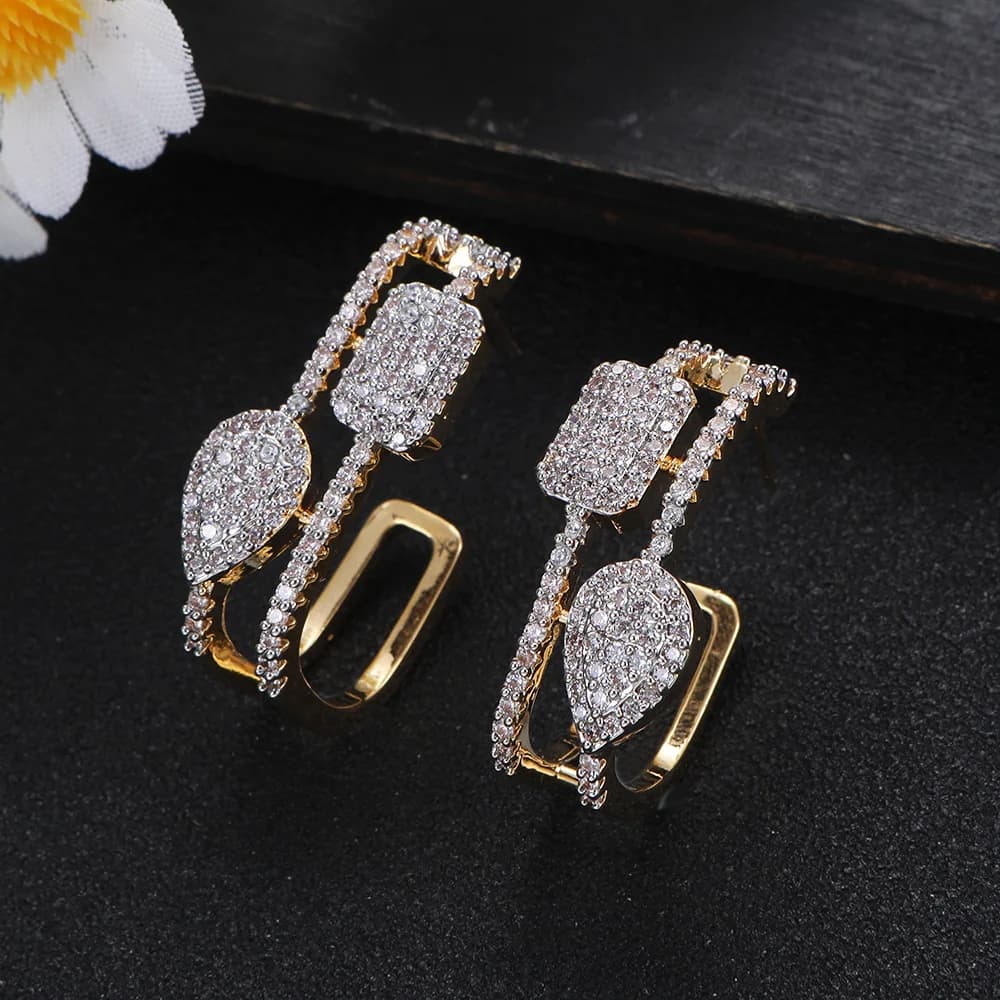 Boucles d'oreilles géométriques en diamant bicolores exquises, style vintage, luxe or et argent cont