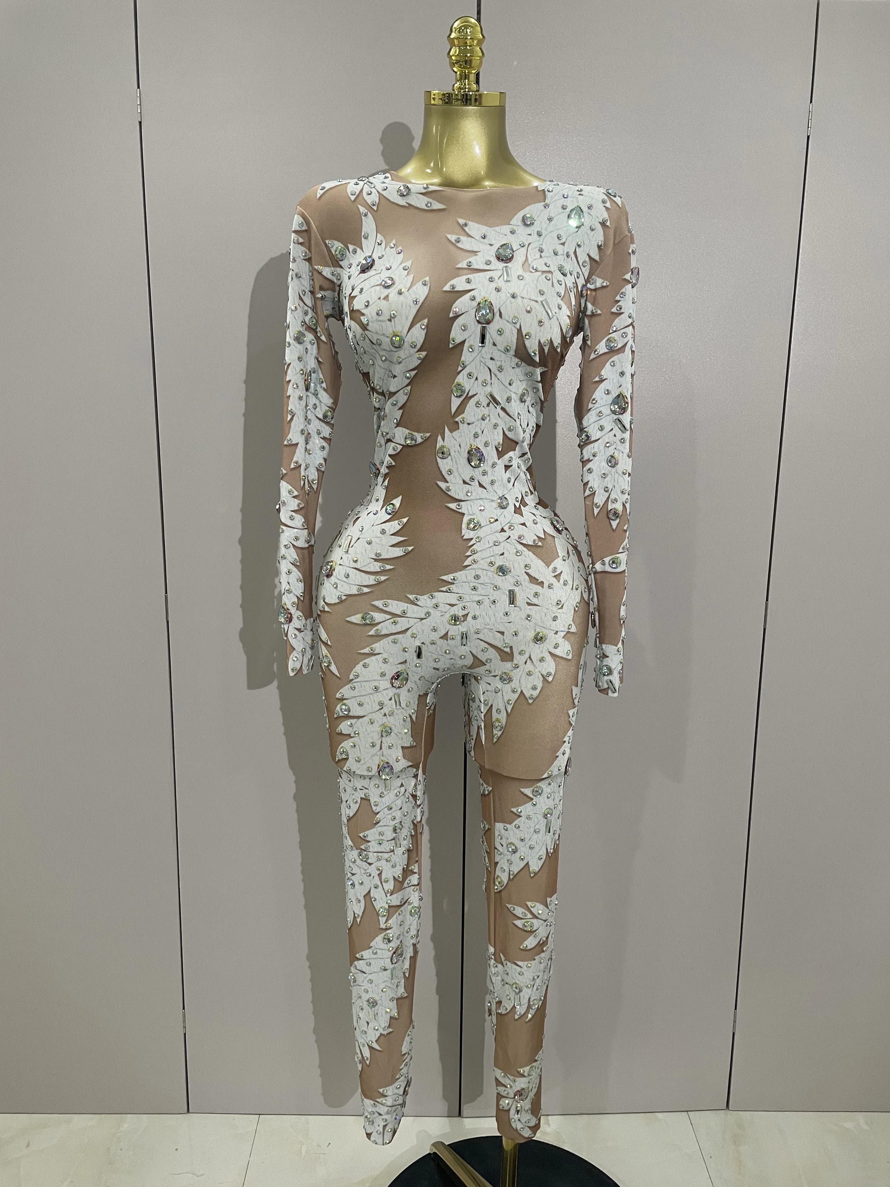 Combinaison moulante à manches longues pour femme, sexy, à haute élasticité, ornée de cristaux, pour