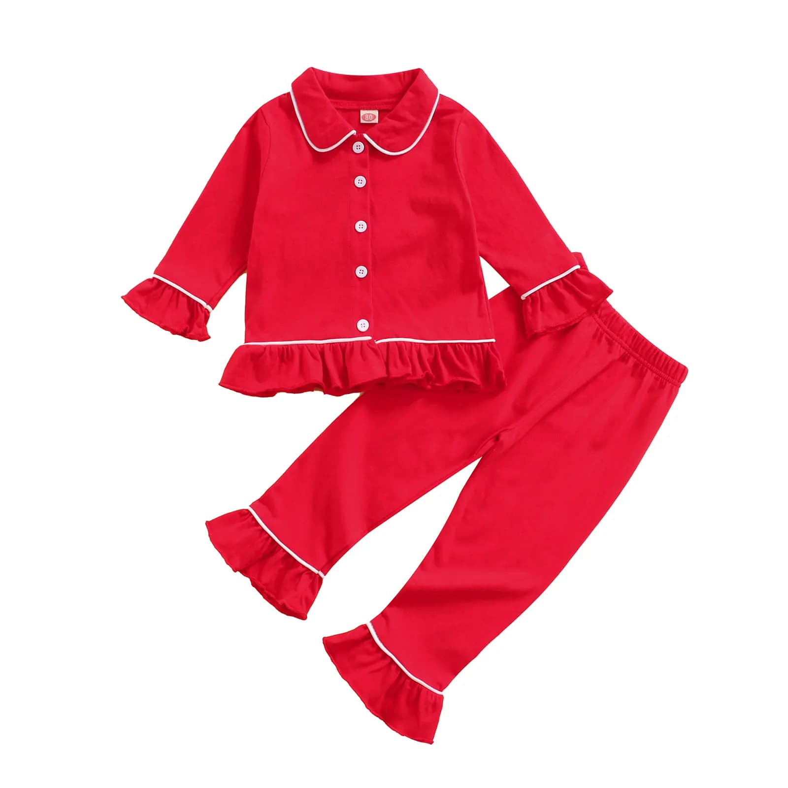 Ensemble pyjama à manches longues pour bébé fille, ourlet à volants, boutons rouges, pantalon Y +, t
