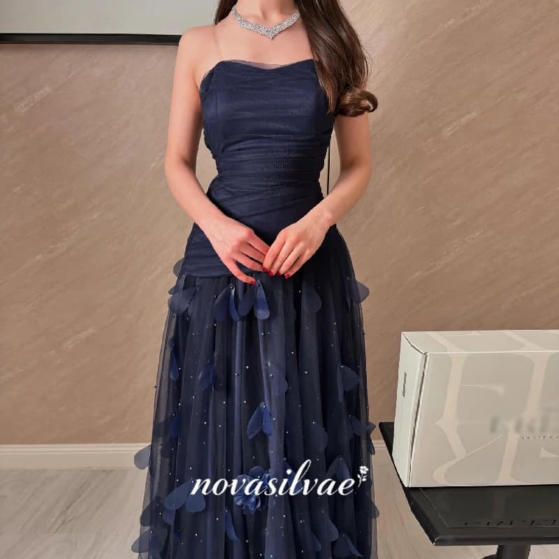 Robe de soirée formelle bleu marine, coupe cœur, en tulle scintillant à motifs floraux 3D, longueur 