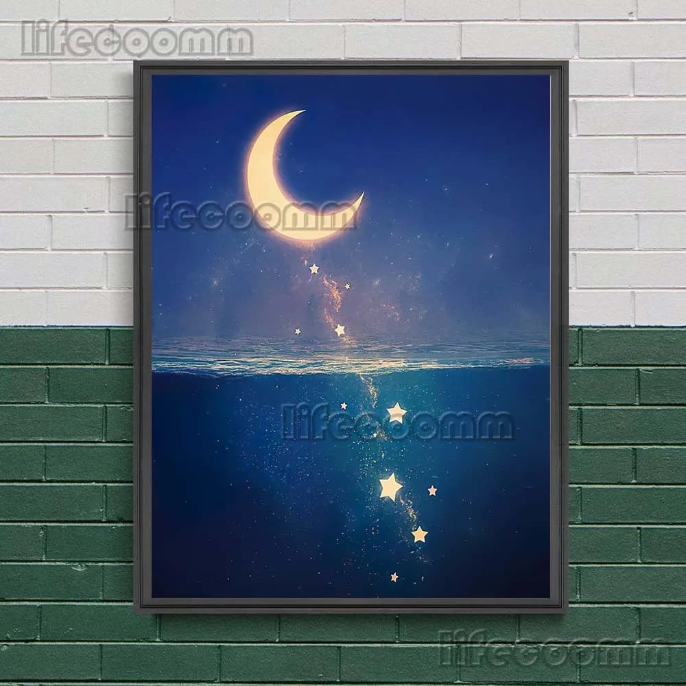 Impressions d'art de nuit de rêve magique, la lune est tombée dans la mer, peinture sur toile murale
