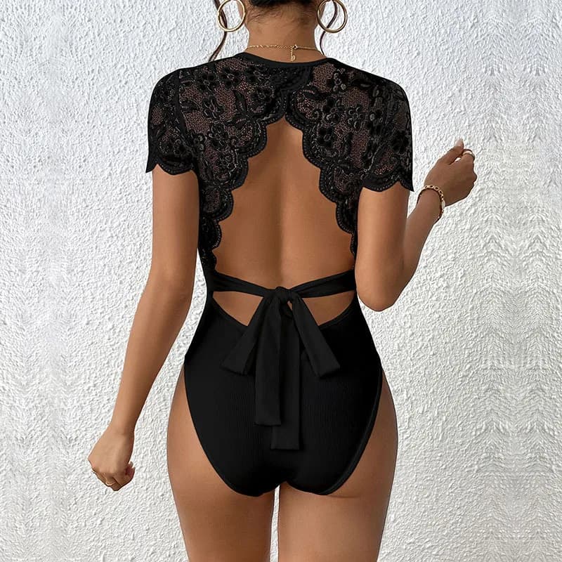 Body moulant sexy en dentelle à manches courtes pour femme, noir et blanc, col rond, une pièce côtel