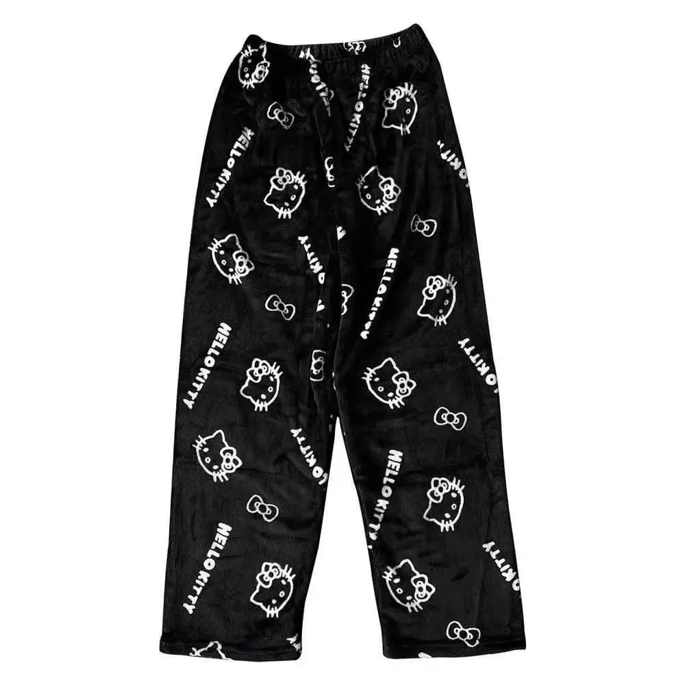 Pyjama en flanelle Hello Kitty, pantalon thermique noir, vêtements de détente tendance, pantalon déc