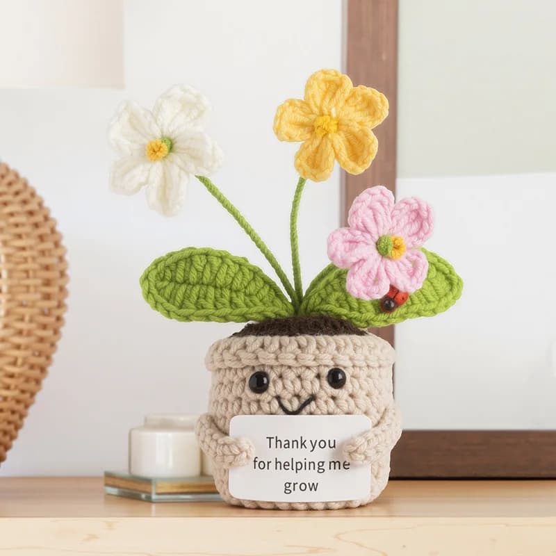Pot de fleurs en crochet pour soutien émotionnel positif, fleurs tricotées créatives faites à la mai