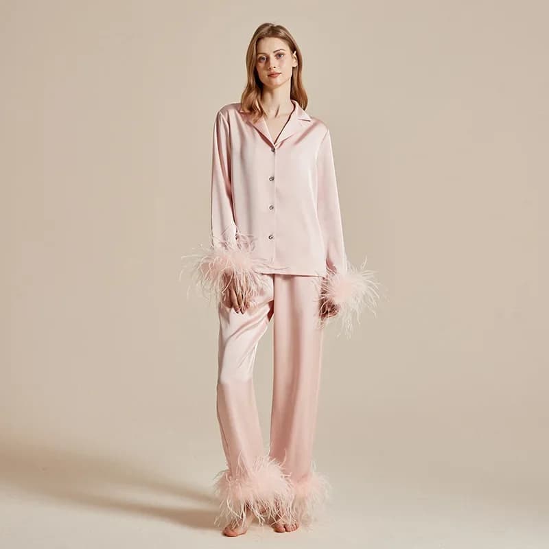 Plumes de luxe Pyjamas ensemble vêtements de détente mode dame vêtements de nuit Pijamas costume élé