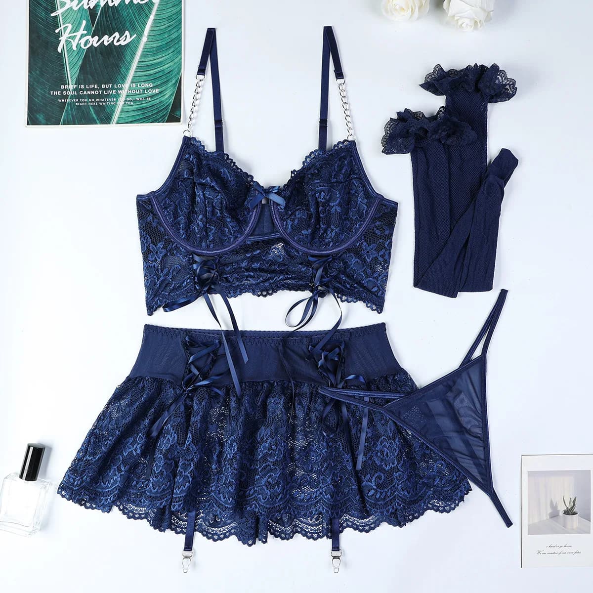 Ensembles de lingerie sexy en dentelle pour femmes, 4 pièces, sous-vêtements exotiques, costumes éro