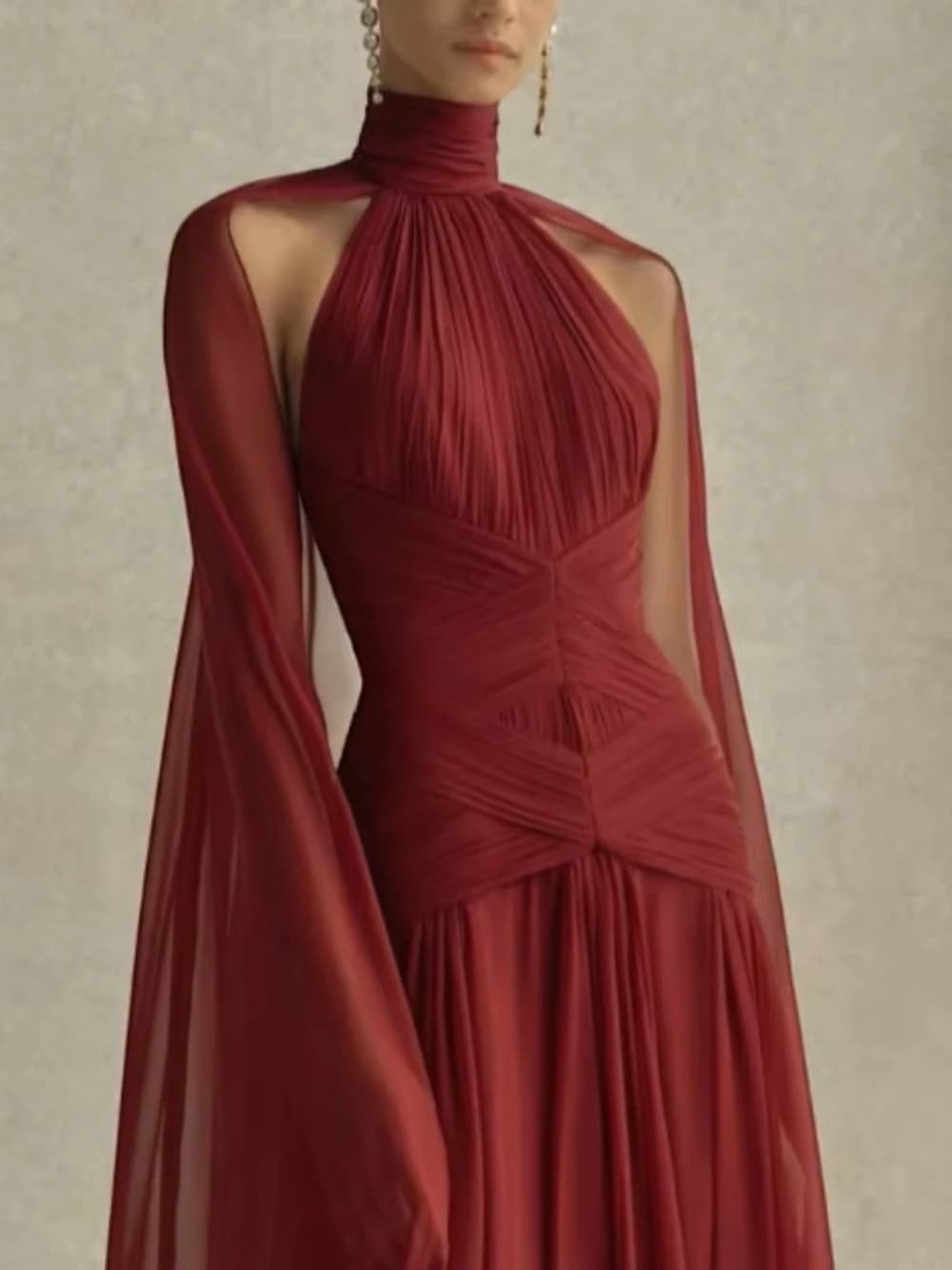 Robe de soirée en mousseline bordeaux à col montant et manches cape pour femme, plissée, simple, élé