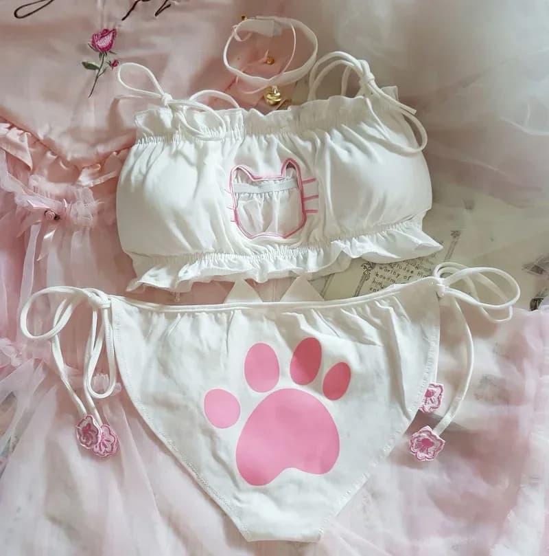 Ensemble soutien-gorge et culotte cosplay fille chat anime japonais, lingerie sexy pour femme, sous-